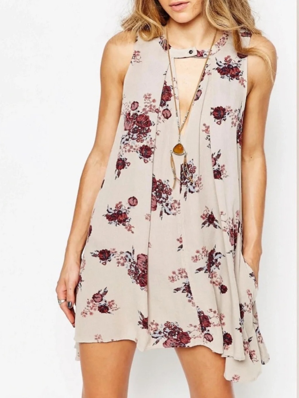Free People Cream Floral Mini Tree Swing Dress with Pockets, Small